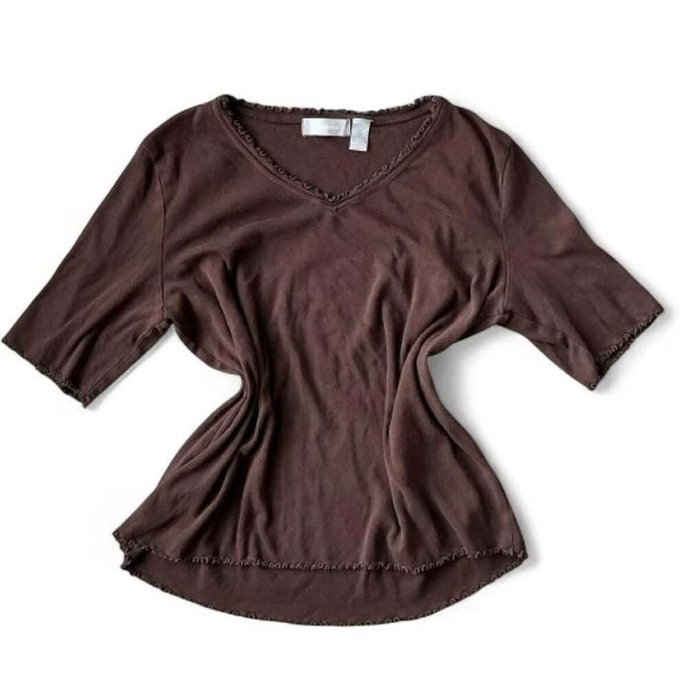Y2K Liz Claiborne Brown V Neck Ruffle Half Sleeve Blouse Size XL